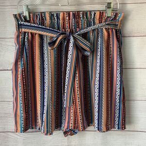 Shein Boho Colorful Striped Paper Bag Shorts Attached Tie Belt Size OXL